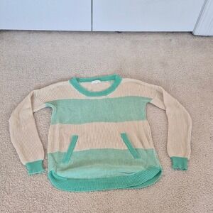 MINE Coastal Grandmother Knit Sweater M Mint Green Striped Beach‎ Boho Preppy